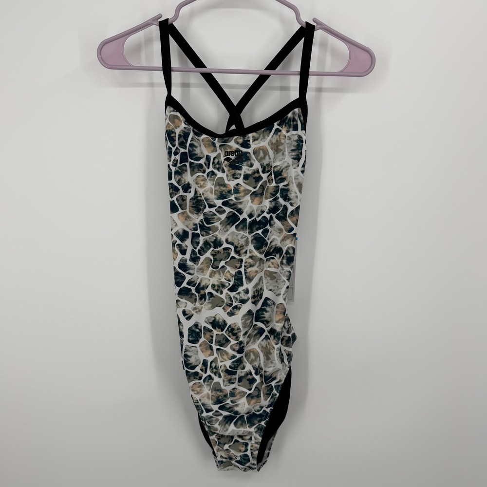 Arena Earth Swimsuit Womens 38 Black White Multi XCross Back Training One Piece